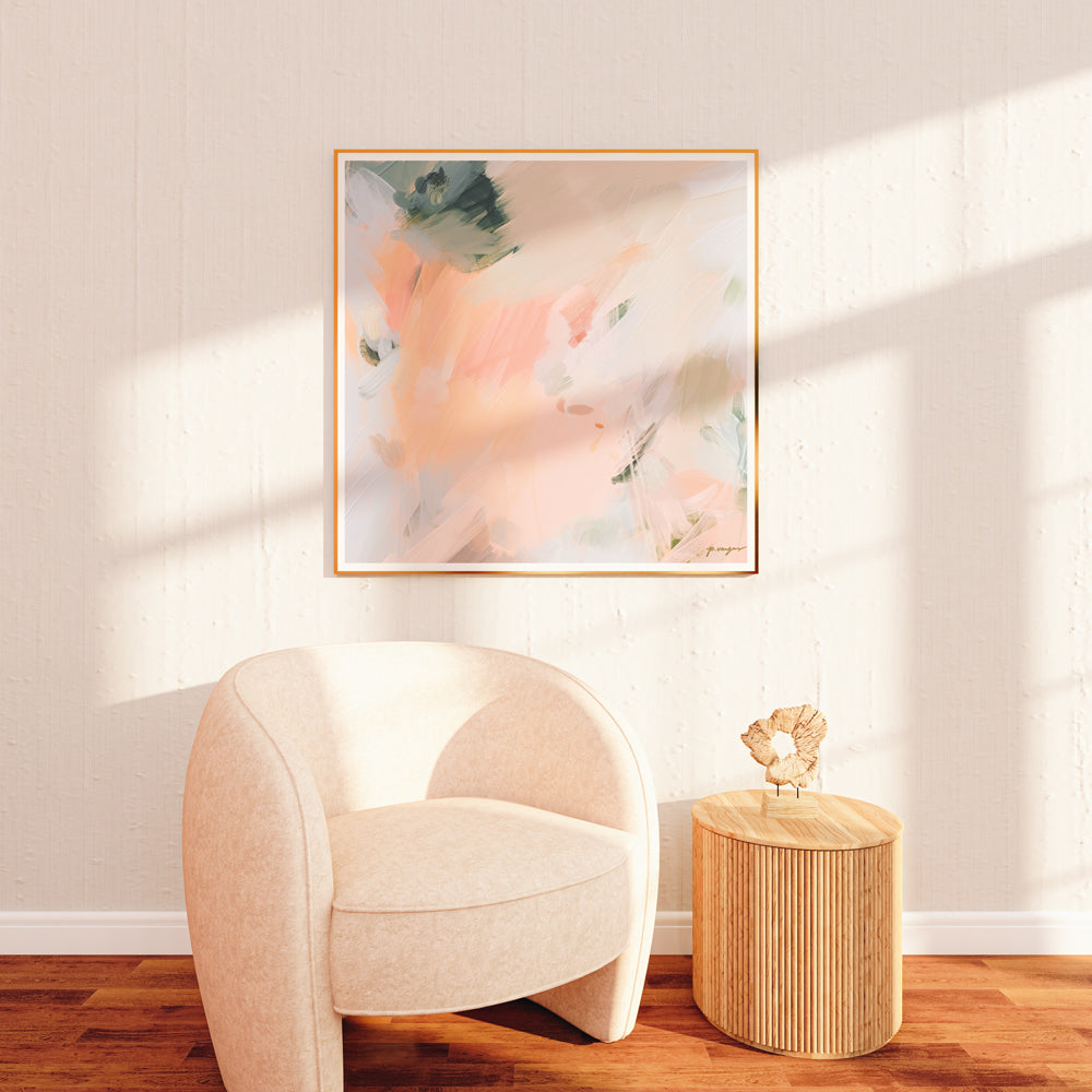 Merle, pink and orange colorful abstract wall art print by Parima Studio. Large artwork living room