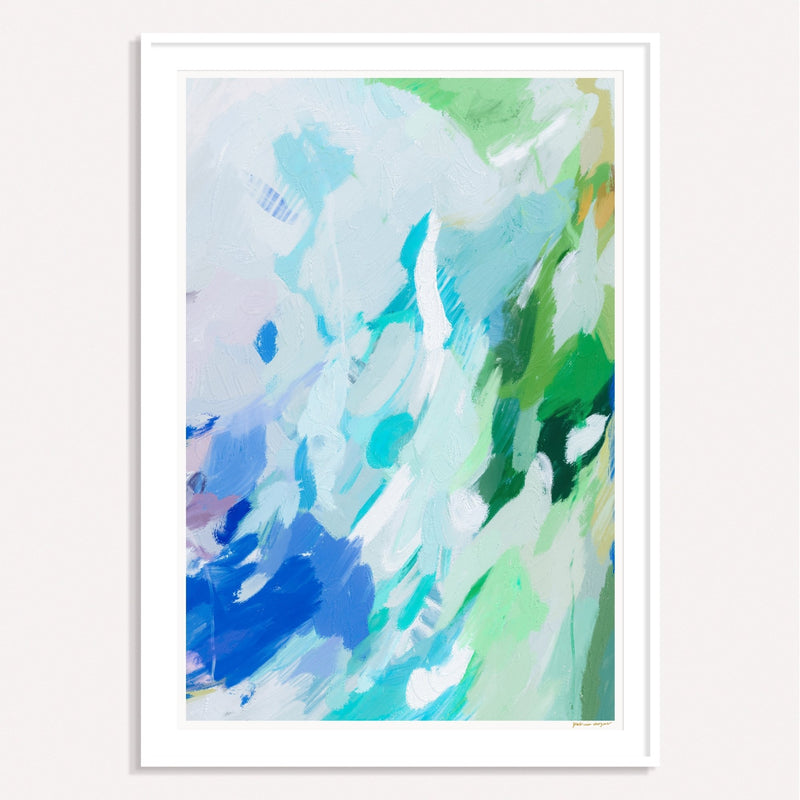Neptune, blue and green framed vertical colorful abstract wall art print by Parima Studio
