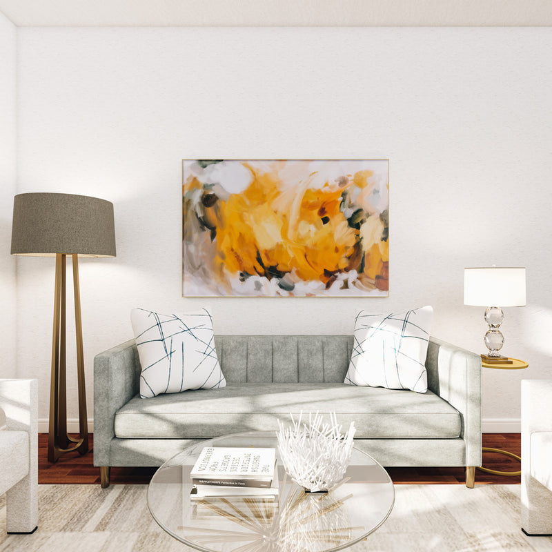 Large yellow abstract wall art print by Patricia Vargas of Parima Studio - New Beginnings - sunny bright art over sofa in grey living room