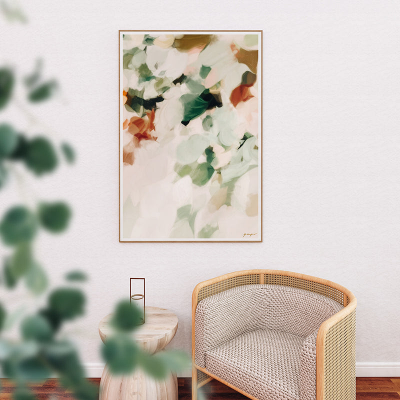 Dionne, greeb abstract art print, earthy muted green wall art by Parima Studio in living room, sitting room, bedroom wall art