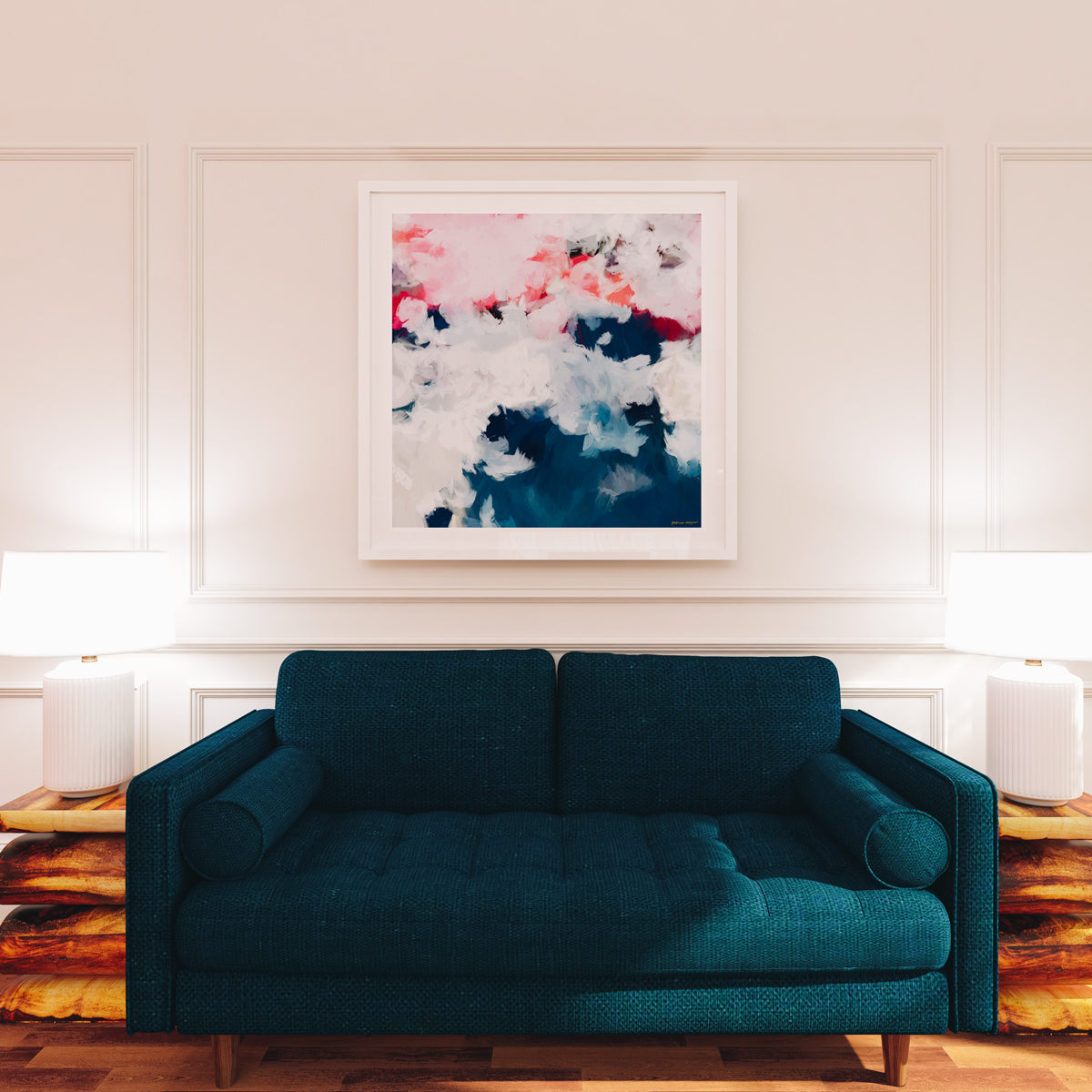 Oceane, blue and pink colorful abstract wall art print by Parima Studio. Oversize art for over sofa in living room.
