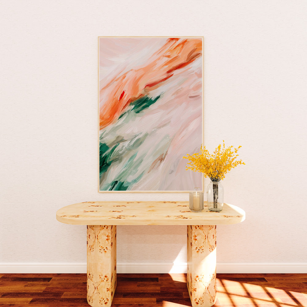 Paola - bright light and airy abstract art - orange, pink, green. Wall art by Patricia Vargas of Parima Studio - Contemporary art over wood cosole