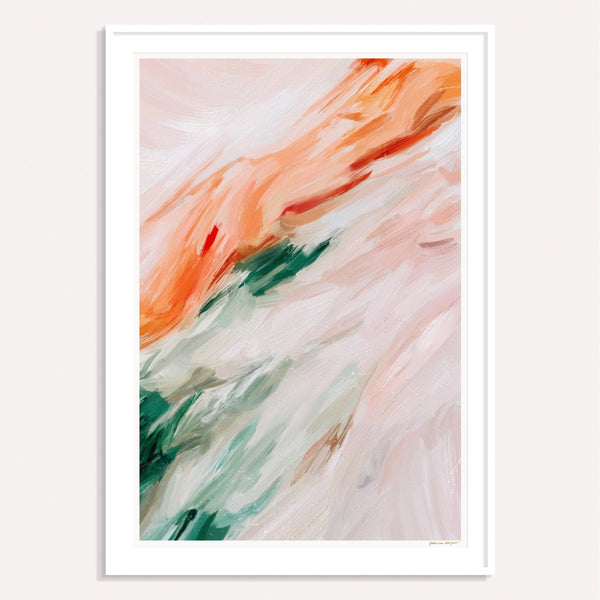 Paola, orange and green framed vertical colorful abstract wall art print by Parima Studio