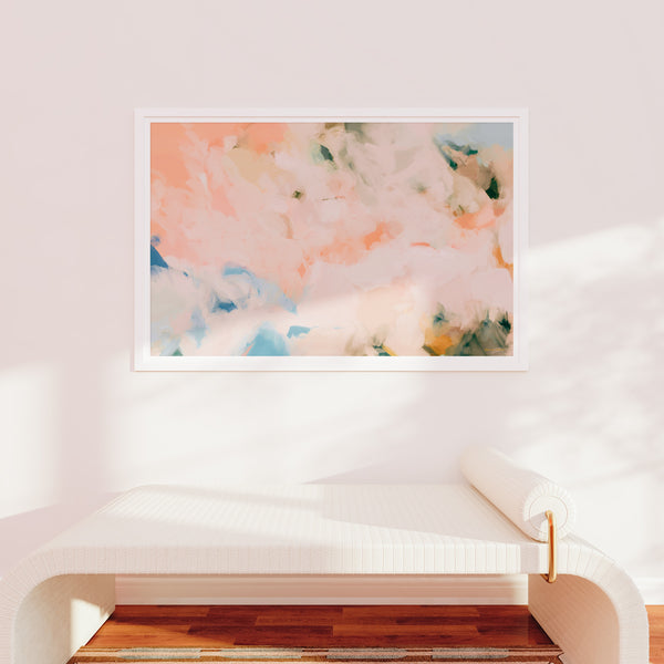 Peach Season, pink and blue colorful horizontal abstract wall art print by Parima Studio. Oversize art for living room for over sofa