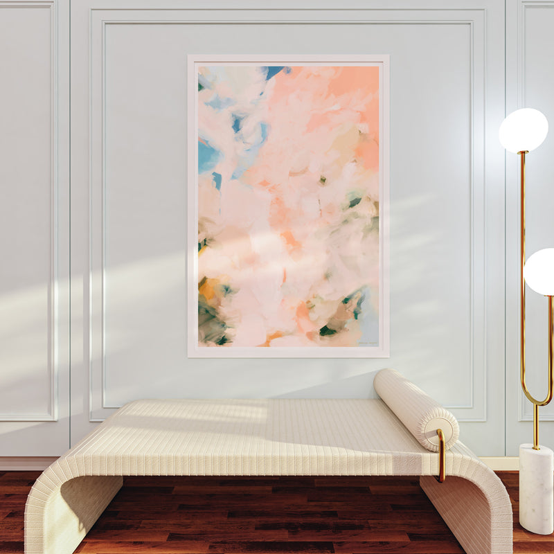 Peach Season, pink and blue colorful abstract wall art print by Parima Studio. Oversize art for living room over sofa.