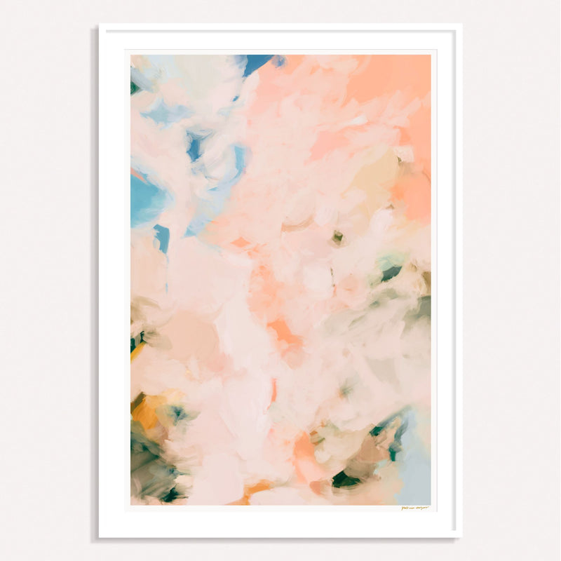 Peach Season, pink and blue framed vertical colorful abstract wall art print by Parima Studio