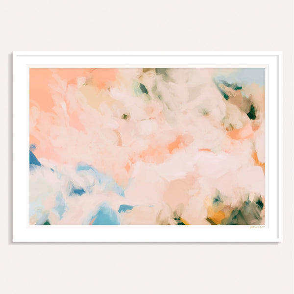 Peach Season, pink and blue framed horizontal colorful abstract wall art print by Parima Studio