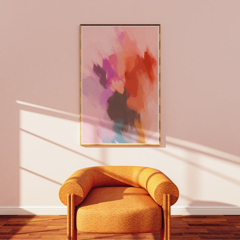 Plum, summer inspired abstract art print by Parima Studio. Pink, purple and red abstract wall art in sitting room, living room, bedroom.