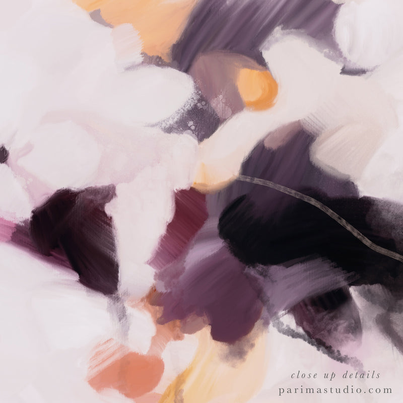Close up of Plumas, large abstract art print by Parima Studio- purple art