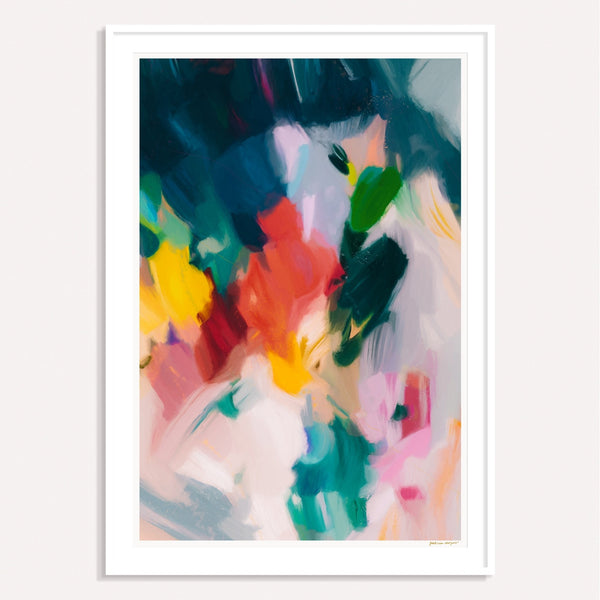 Pomme, blue and red framed vertical colorful abstract wall art print by Parima Studio