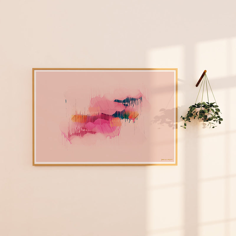 Prismatic No.3, horizontal, pink and blue colorful abstract wall art print by Parima Studio. Oversize art for dining room