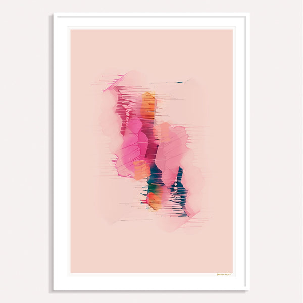 Prismatic No.3, pink and blue framed vertical colorful abstract wall art print by Parima Studio
