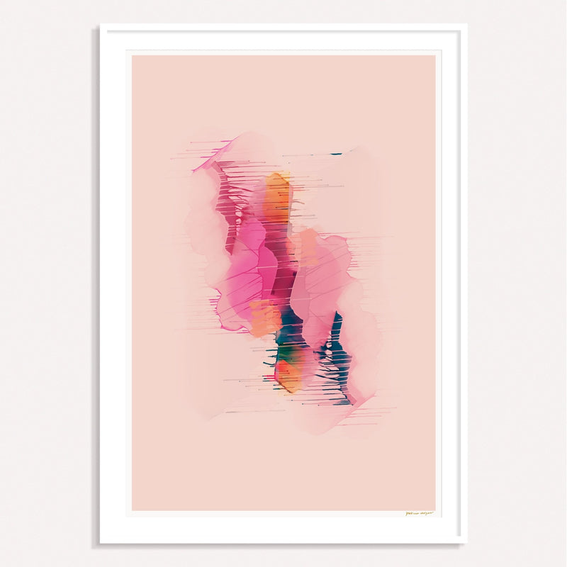 Prismatic No.3, pink and blue framed vertical colorful abstract wall art print by Parima Studio