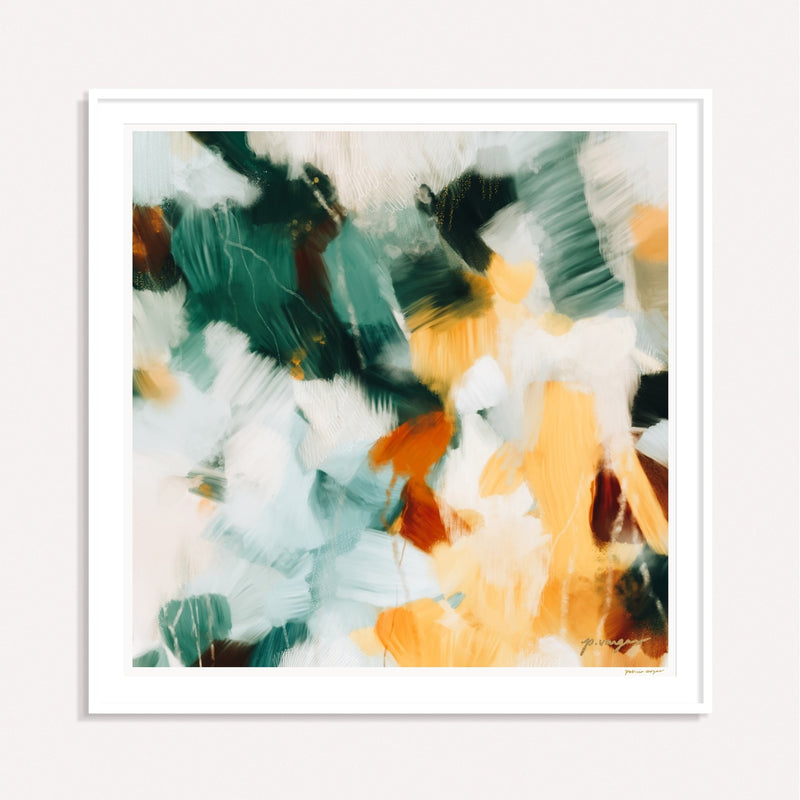 Reverie, yellow and green framed square colorful abstract wall art print by Parima Studio