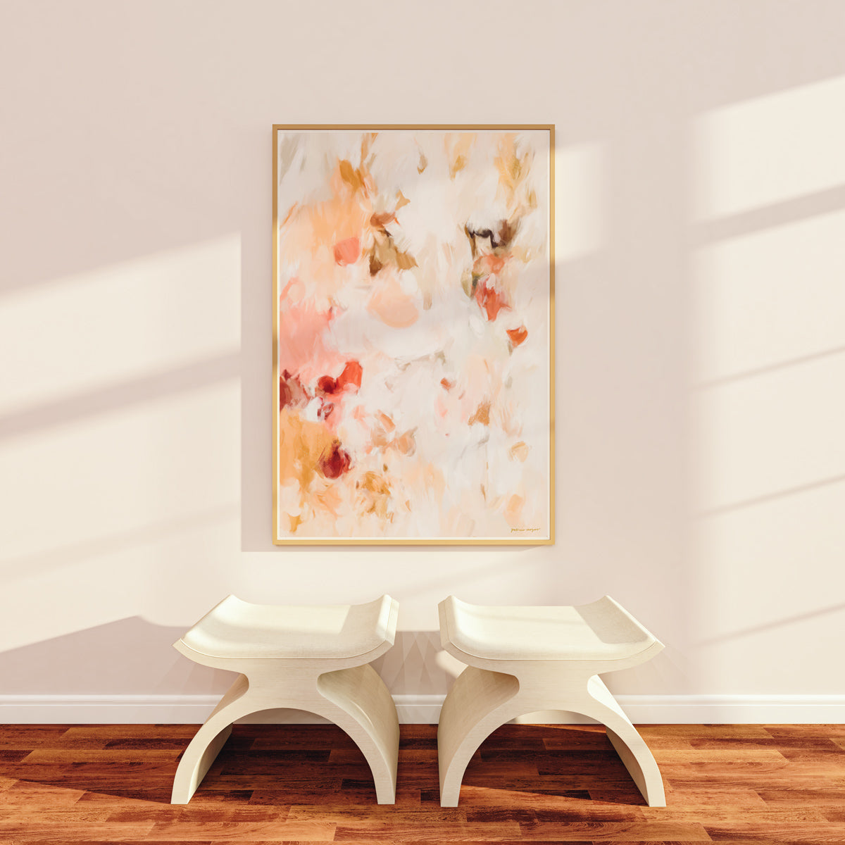 Rosae, pink and orange colorful abstract wall art print by Parima Studio. Oversize art for living room for over sofa.