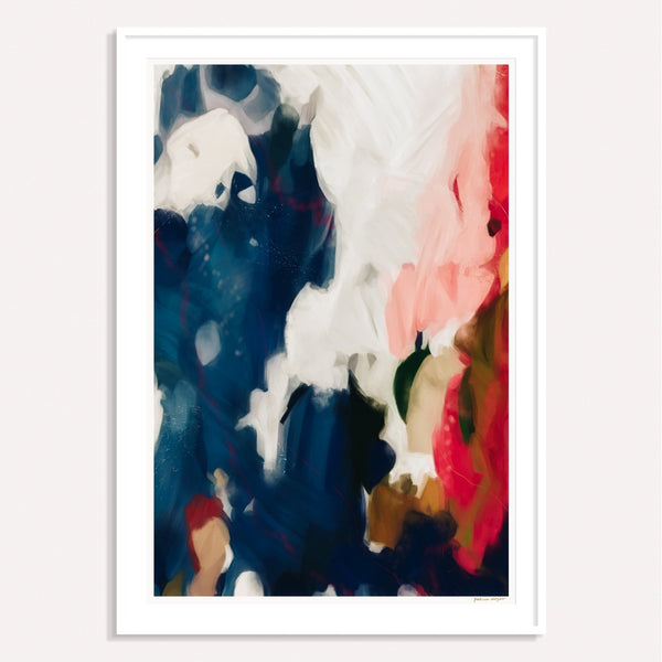 Roux, blue and red framed vertical colorful abstract wall art print by Parima Studio