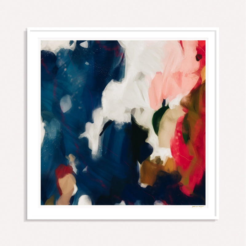 Roux, red and blue framed square colorful abstract wall art print by Parima Studio
