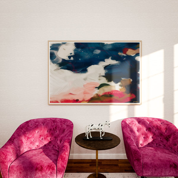 Roux, pink and navy blue abstract art print, large artwork for over the sofa by Parima Studio
