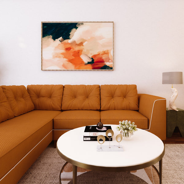 Sabrina, horizontal navy blue and orange contemporary abstract wall art print by Parima Studio in mid-century modern living room- art over sofa