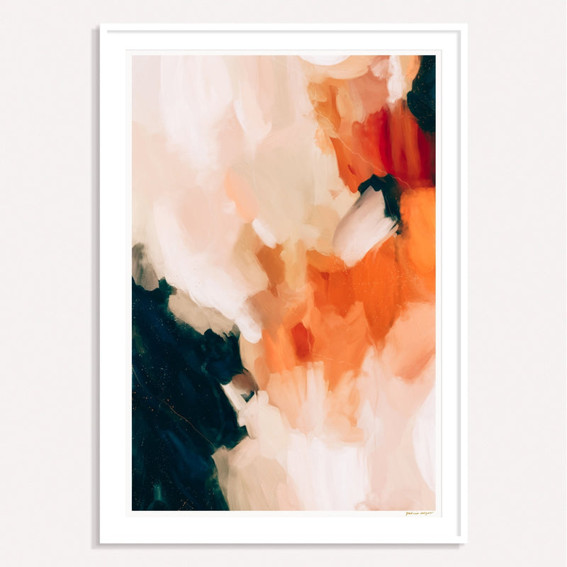 Sabrina, orange and blue framed vertical colorful abstract wall art print by Parima Studio