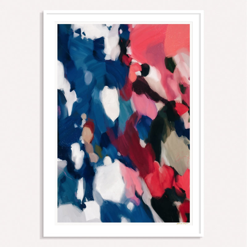 Saveon, navy blue and pink framed vertical colorful abstract wall art print by Parima Studio