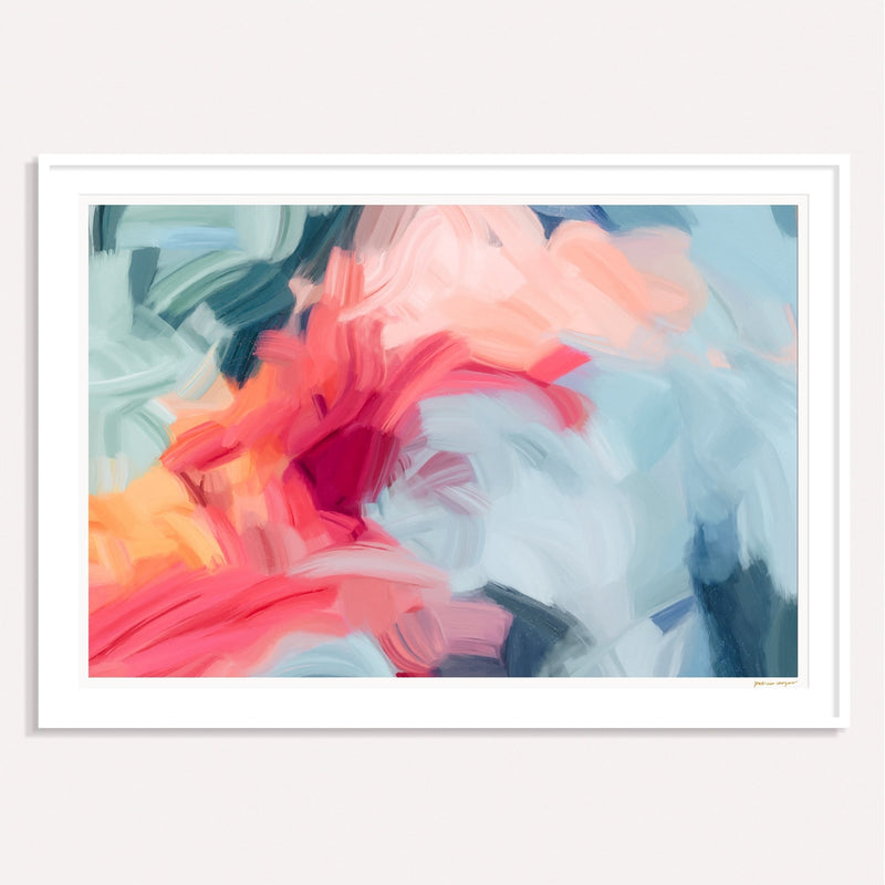 Strawberry Bubblegum, red and blue framed horizontal colorful abstract wall art print by Parima Studio