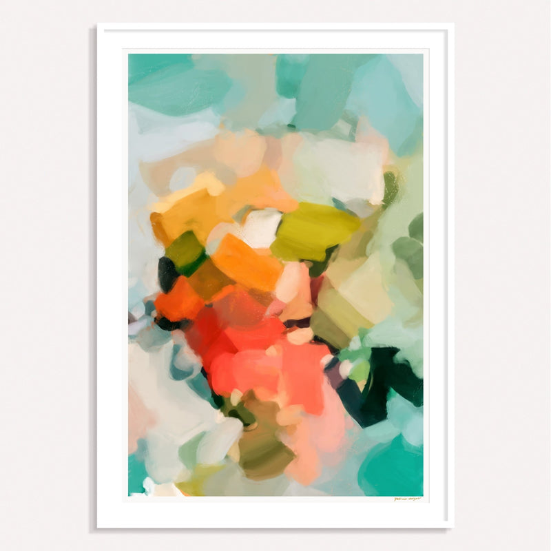 Summer of Peonies, multicolor framed vertical colorful abstract wall art print by Parima Studio