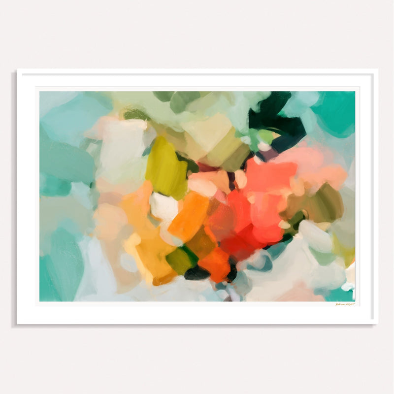 Summer of Peonies, multicolor framed horizontal colorful abstract wall art print by Parima Studio