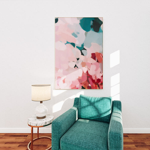 Tulip, pink and teal abstract art print by Parima Studio - Large vertical wall art over green accent chair in living room decor