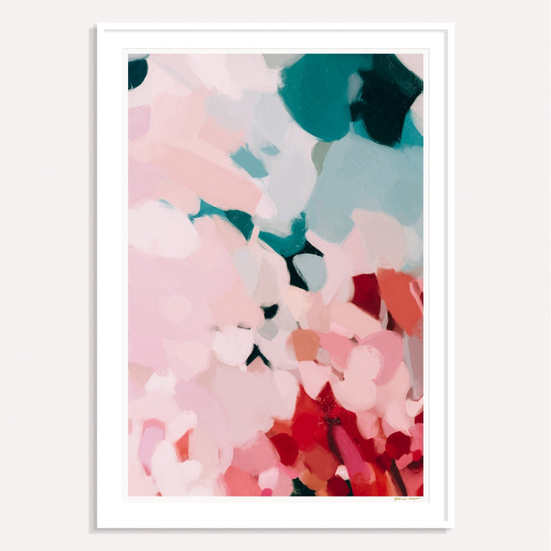 Tulip, pink and teal framed vertical colorful abstract wall art print by Parima Studio