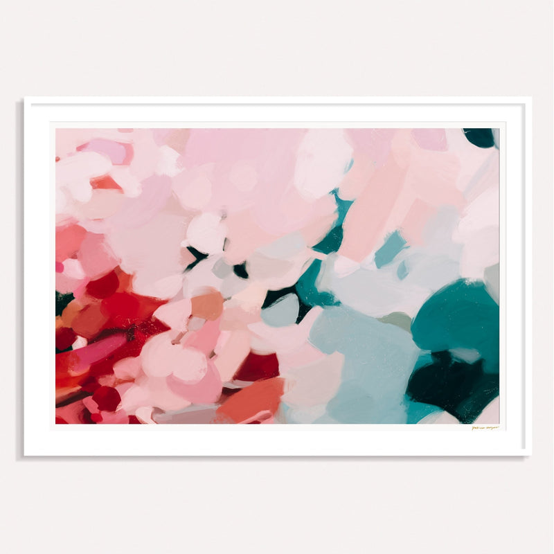 Tulip, pink and teal framed horizontal colorful abstract wall art print by Parima Studio
