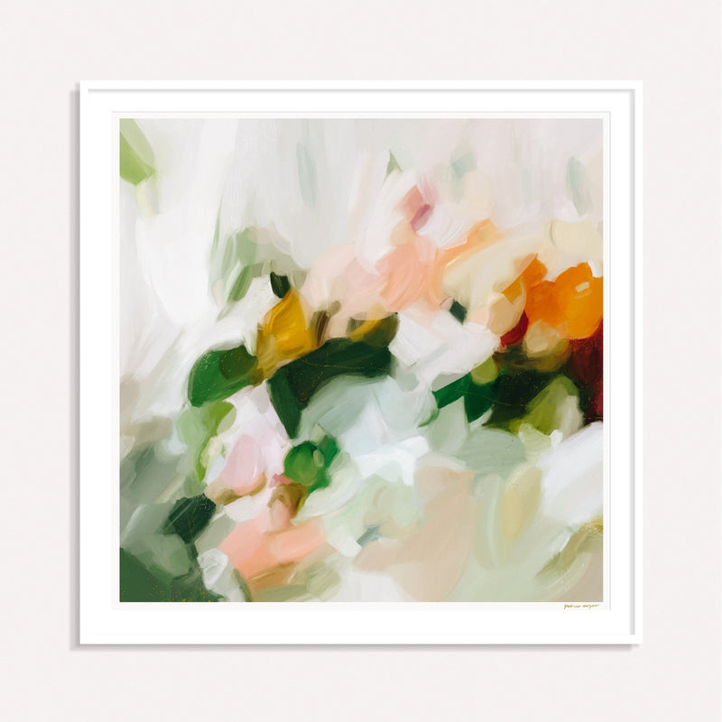 Viridis, emerald green and orange framed square colorful abstract wall art print by Parima Studio