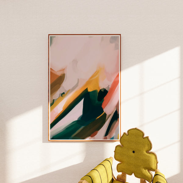 Zetta, colorful abstract wall art print by Parima Studio. Contemporary art hanging over accent chair in living room